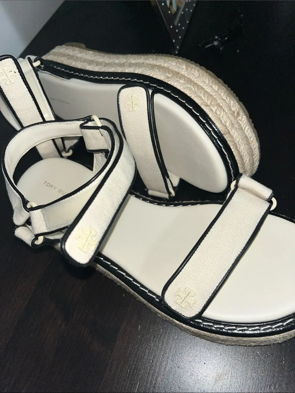 Tory Burch sport Ivory and Black Platform Espadrille Sandals 9.5